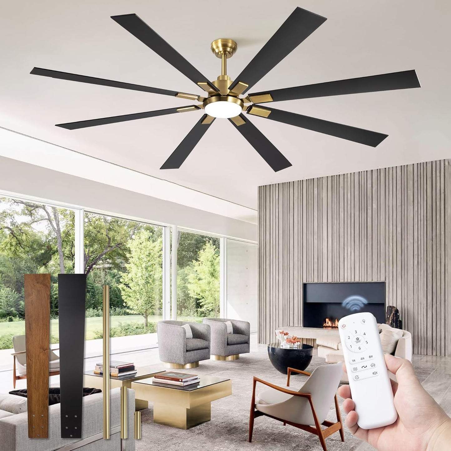 ZMISHIBO 72 inch Large Ceiling Fans with Lights and Remote, Indoor/Outdoor Black Modern Ceiling Fan for Kitchen Living Room Patio, 6 Speed Reversible Quiet DC Motor, 3 CCT, Dual Finish 8 Blades