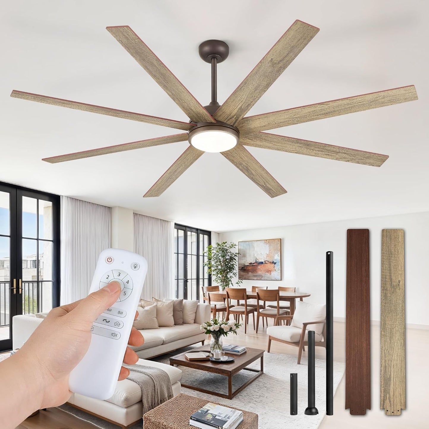 65 Inch Ceiling Fans with Lights and Remote, Black Indoor/Outdoor Ceiling Fan with Quiet Reversible DC Motor, 6 Speeds, 3CCT, 8 Blades Large Ceiling Fan for Living Room Bedroom Patio