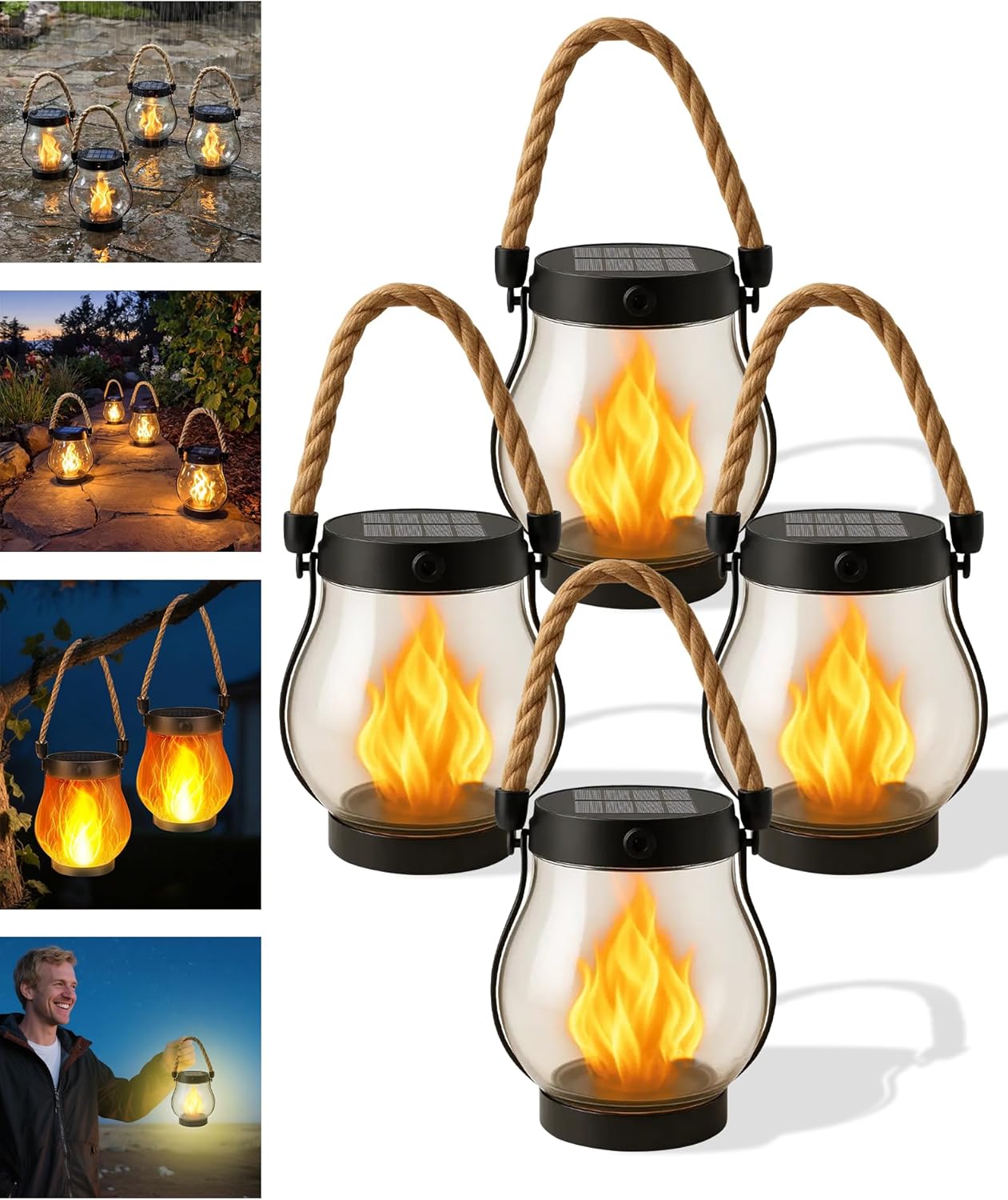 Kaliqo – Kaliqo Solar Lantern Outdoor Lights Waterproof, Dancing Flame Solar Lantern Outdoor Lights, Kaligo Hemp Rope Hanging Flame Lanterns for Garden Yard Decorations (6Pcs)