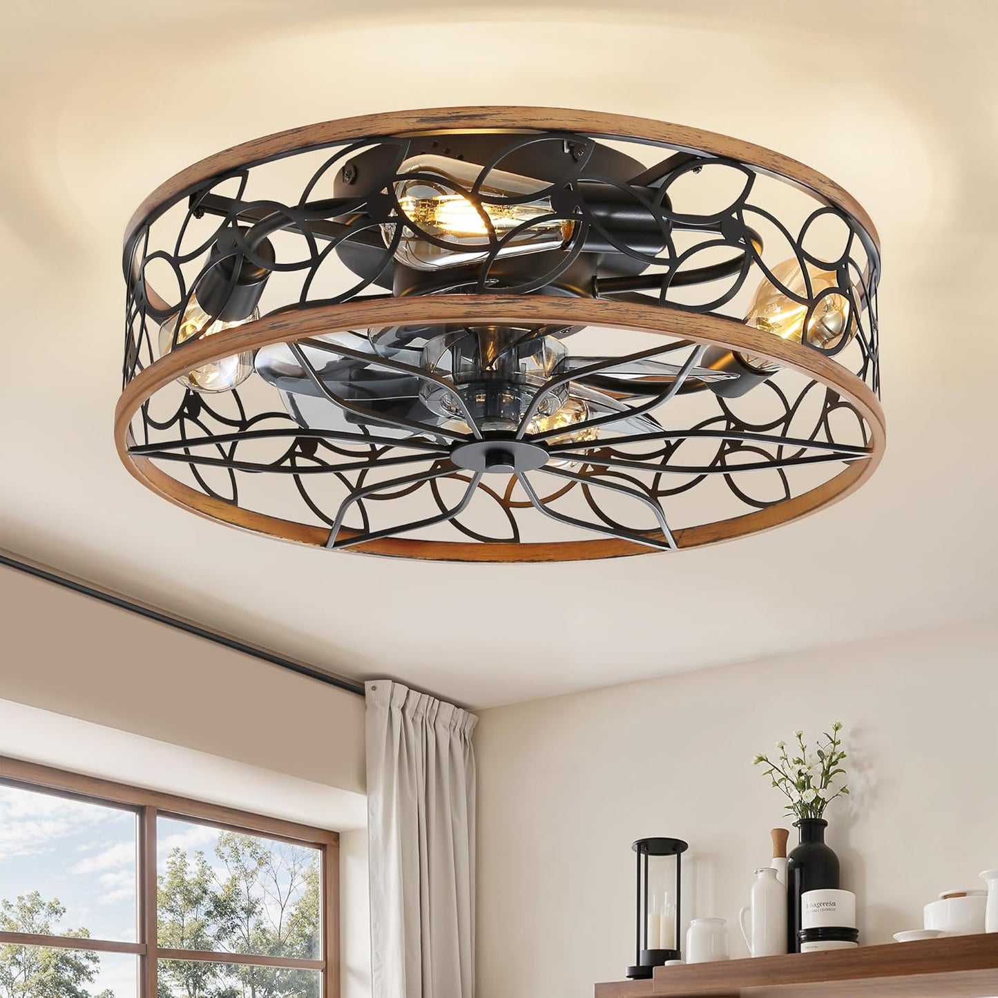 LEDIARY Caged Ceiling Fans with Lights, White Flush Mount Ceiling Fan with Remote, Small Low Profile Bladeless Ceiling Fan Light Fixture for Bedroom, Kitchen, Dining Room-White Gold Color