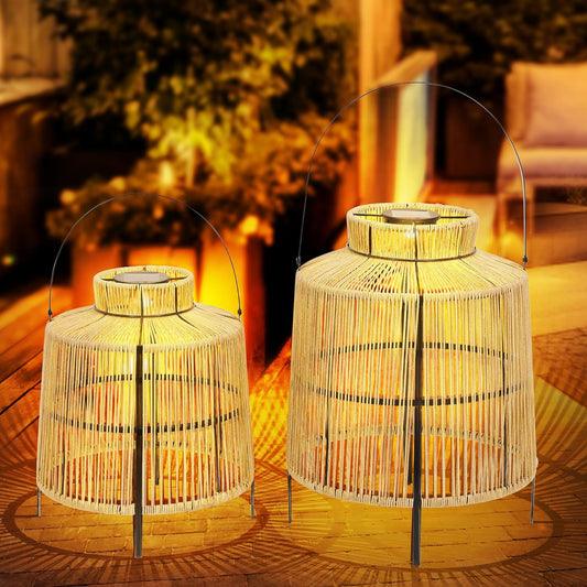 HPC Decor 2 PK Large Outdoor Waterproof Rattan Lanterns - Hanging Decoration for Garden, Patio, Porch, Trees, Pathway.