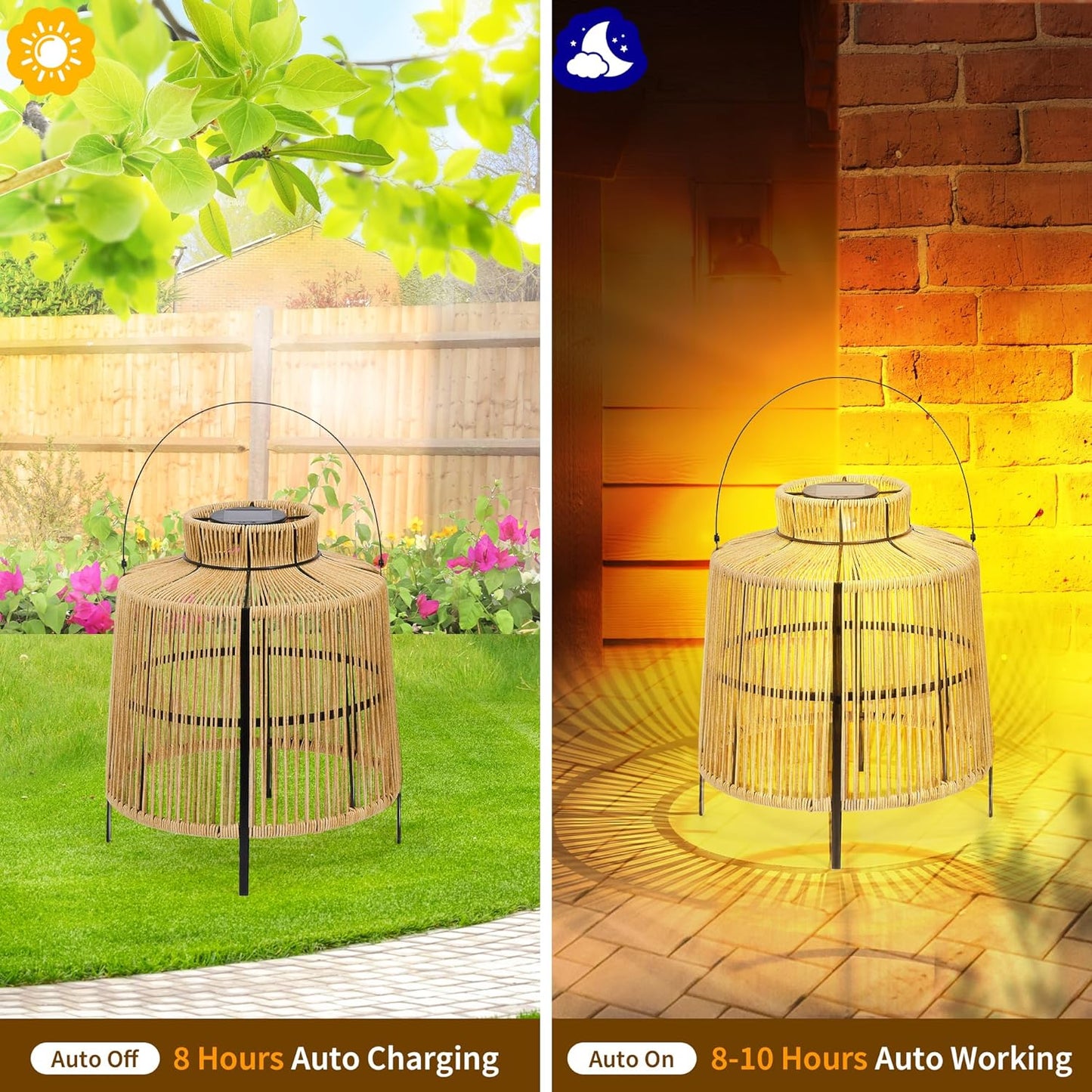 HPC Decor 2 PK Large Outdoor Waterproof Rattan Lanterns - Hanging Decoration for Garden, Patio, Porch, Trees, Pathway.
