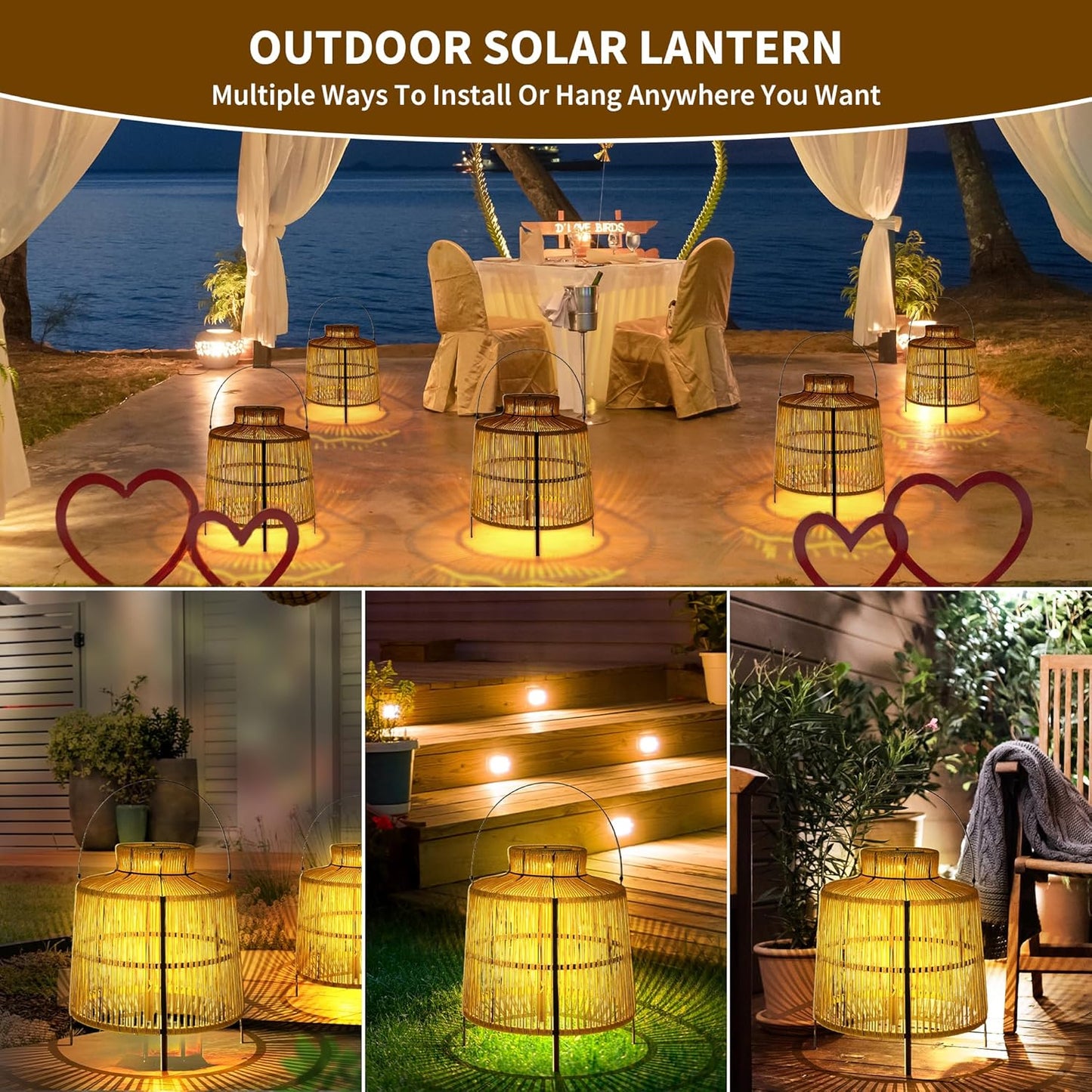 HPC Decor 2 PK Large Outdoor Waterproof Rattan Lanterns - Hanging Decoration for Garden, Patio, Porch, Trees, Pathway.