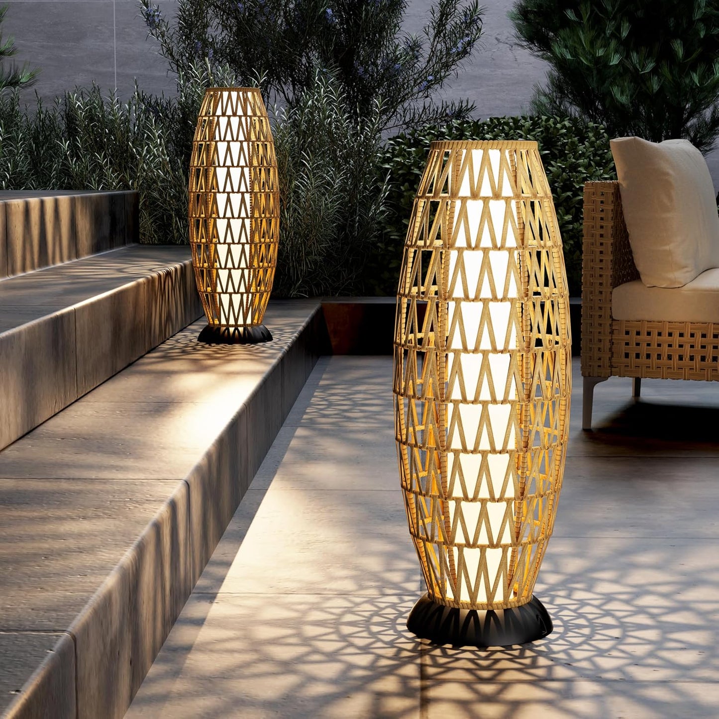 Solar Yard Outdoor Solar Lamp Woven Wicker Boho Lantern Floor Lamp, Decoration for Garden, Deck, Yard, Pathway, Oslo