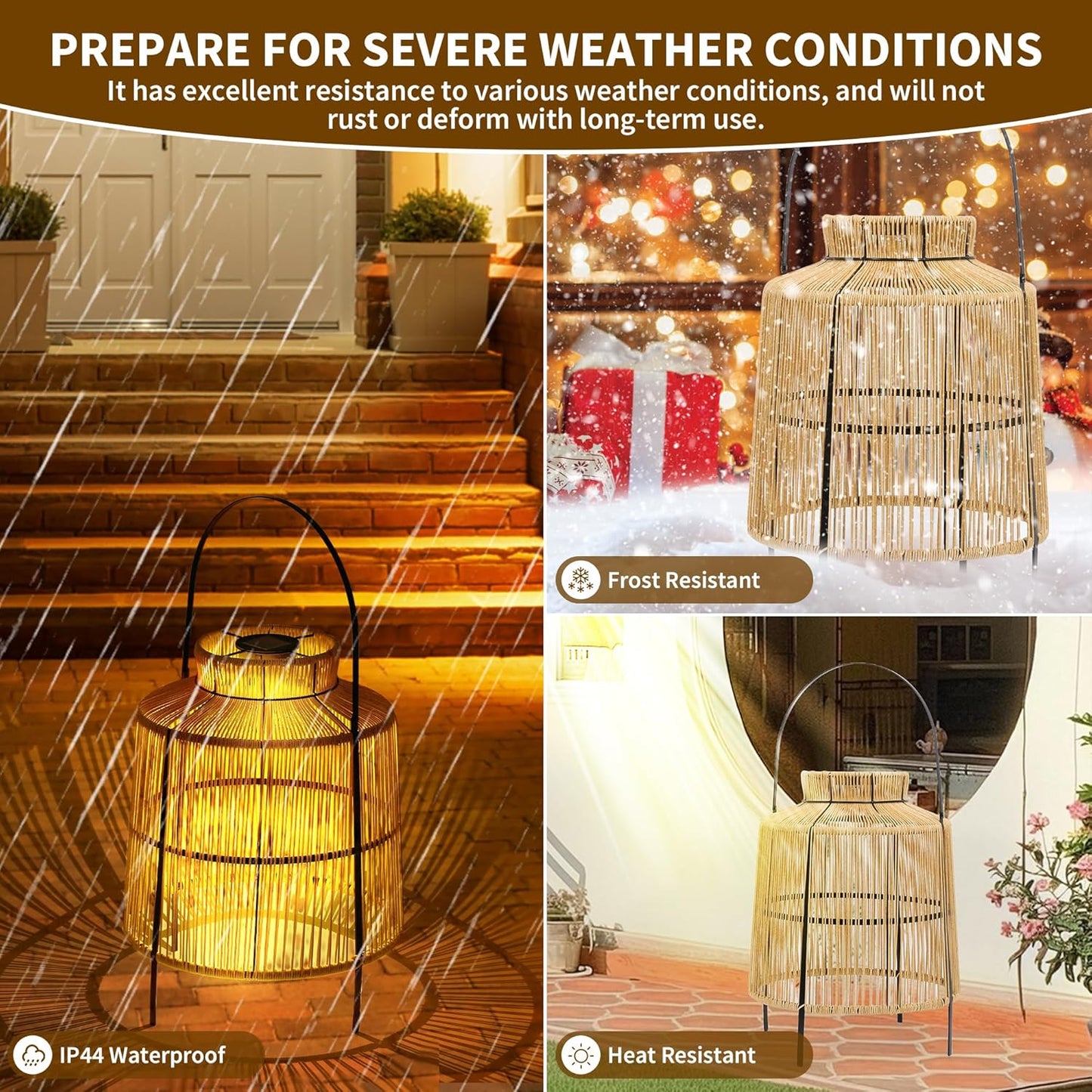 HPC Decor 2 PK Large Outdoor Waterproof Rattan Lanterns - Hanging Decoration for Garden, Patio, Porch, Trees, Pathway.